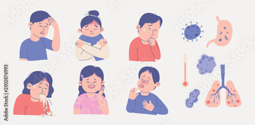 Hand-Drawn Sick Kids Illustration Set Featuring Various Illness Symptoms and Medical