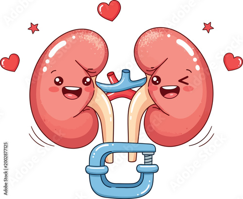 Cute Kawaii Style Cartoon Human Kidneys with Happy Faces and Hearts.