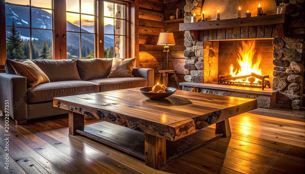 Obraz premium Cozy mountain cabin interior featuring a roaring stone fireplace and sunset views. This warm rustic living room evokes comfort and luxury, perfect for travel or home decor marketing campaigns.