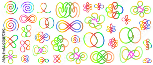 Colorful abstract swirl infinity loop shapes set decorative gradient line elements collection isolated on white background