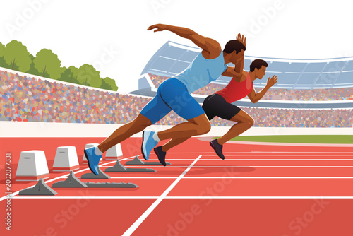 Two professional runners at the starting blocks ready for a sprint race on a stadium track.
