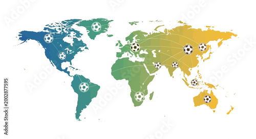 Soccer balls on world map.