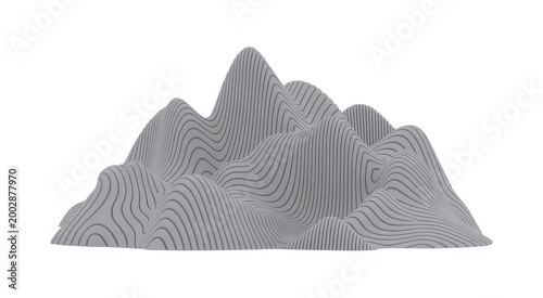 Abstract 3d mountain range model with gray topographic contour lines on a white background