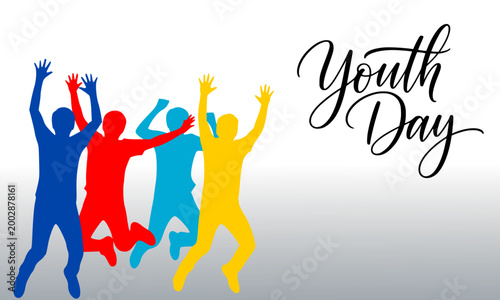  Youth Day Colorful Jumping Silhouettes with Elegant Handwritten Calligraphy – Vibrant Greeting Card and Poster Design for Youth Celebration Events