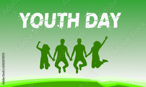 Youth Day Green Banner with Jumping Youth Silhouettes and Bold White Text – Vibrant Holiday Poster Design for National and International Youth Day Celebration