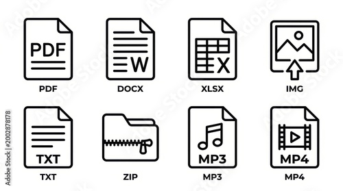 Collection of digital file format icons representing common document types and media