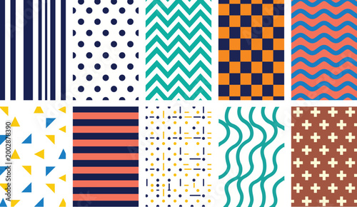 Trendy Seamless Geometric Pattern Set with Stripes, Polka Dots, Chevron and Abstract Shapes in Modern Color Palette