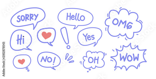 Minimalist Blue Outline Speech Bubbles with Handwritten Expressions Vector Illustration
