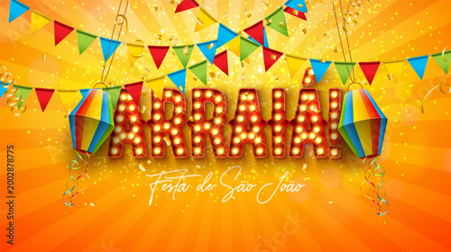 Festa Junina Celebration Banner Illustration with Light Bulb Billboard Arraia Typography Lettering, Paper Lantern and Party Flag on Yellow Background. Vector Brazil June Sao Joao Festival Design