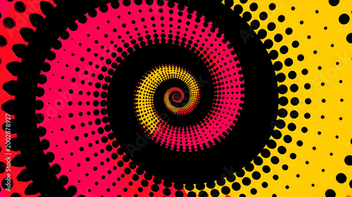 Vibrant abstract spiral pattern with red, yellow, and black colors, creating a hypnotic optical illusion effect.