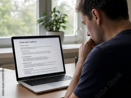 Serious man reading terms and conditions document on laptop screen at home office