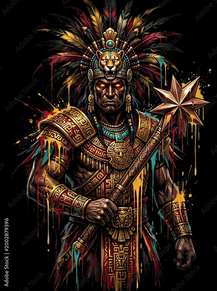 Obraz premium Aztec Warrior King with Jaguar Headdress and Golden Mace.