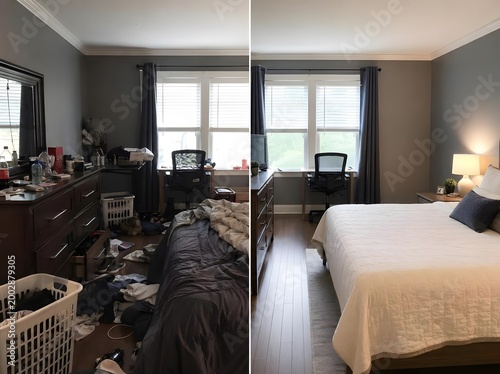 Messy and clean bedroom before and after tidying up concept.