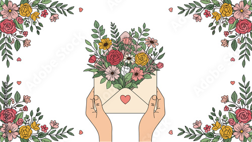 Heartwarming illustration of hands holding an open envelope overflowing with vibrant spring flowers, framed by decorative floral corners.