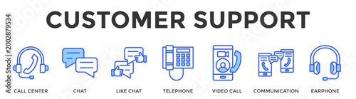 Customer Support  Banner Web  Icon Set Collection Pack Vector Illustration Concept Containing Call Center, Chat, Like Chat, Telephone, Video Call, Communication, Earphone