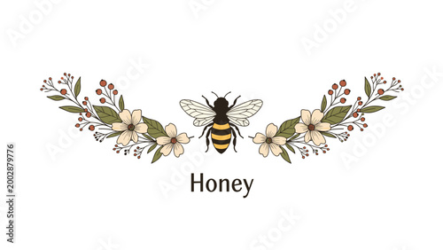 Elegant vintage-style illustration of a honey bee centered between symmetrical floral branches with the word Honey written below.