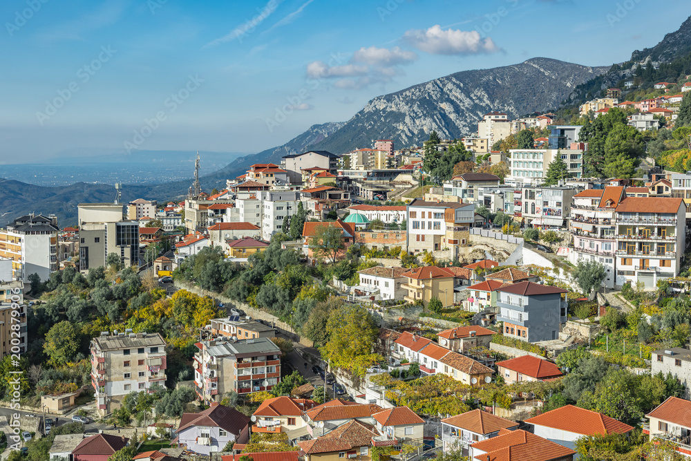Fototapeta premium Kruje old town in Albania. Streets and traditional red tiled roofs cityscape on the mountains.