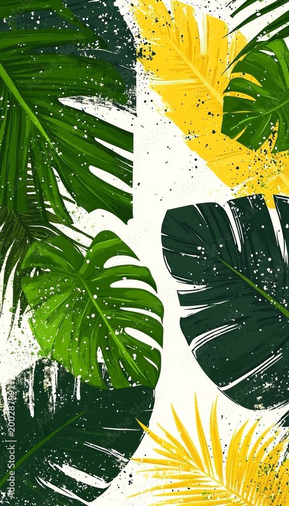 Naklejka premium Tropical Leaf Design Featuring Retro Grain Texture Background and Vibrant Foliage for Summer Vibes
