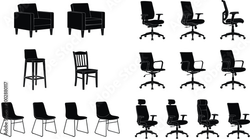 Collection of modern chair silhouettes including armchairs, bar stools, dining chairs, and ergonomic office seating for interior design