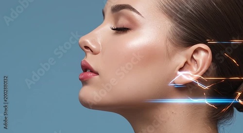Close-up profile of woman with radiant skin, closed eyes, and dynamic light streaks