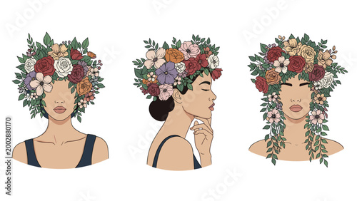 Three beautiful women seen from different perspectives wearing elaborate floral crowns made of colorful roses and green leaves.