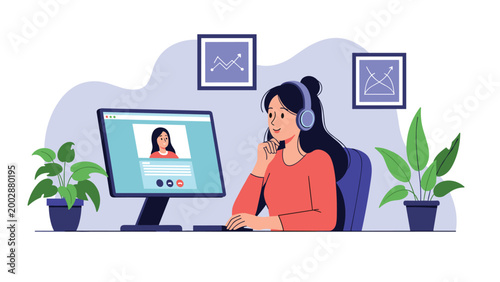 Young woman wearing headphones sitting at her computer and having a video conference call while working in a modern home office.