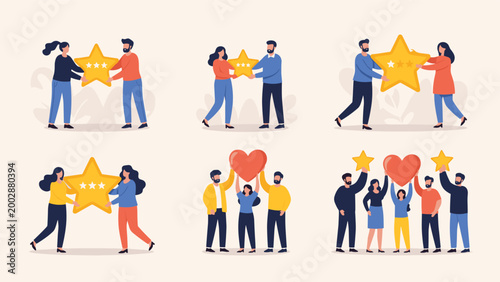 Collection of people holding giant golden stars and red hearts as symbols of customer feedback high rating and appreciation.