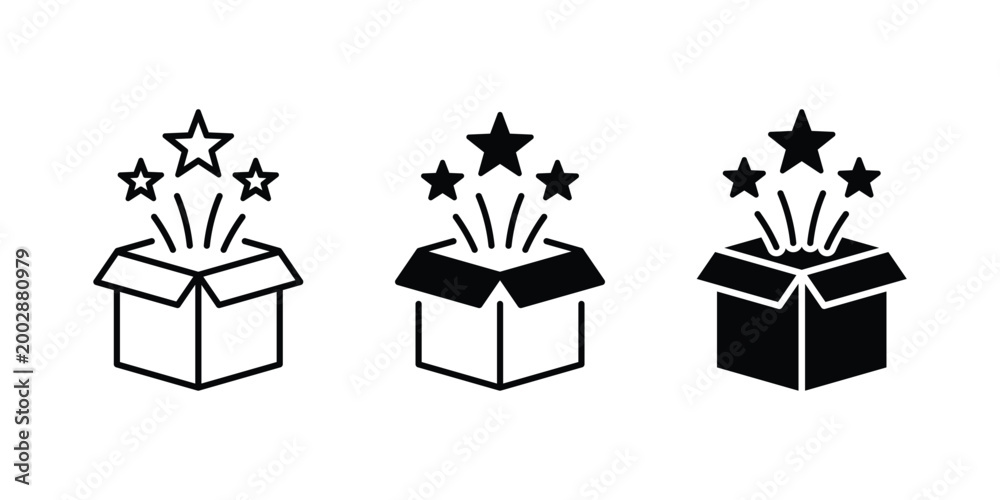 Naklejka premium Open gift box icon. Magic box vector icon set. Open box with stars line and solid icon set.