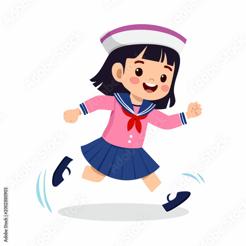 Cartoon girl in sailor uniform running happily