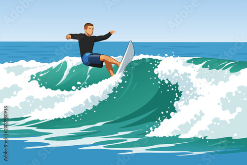 Professional surfer riding a large powerful ocean wave during a summer morning surf session.