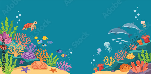 Underwater marine life background with central copy space featuring sea turtle dolphins jellyfish tropical fish and colorful coral reef vector.