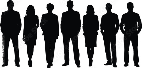Black silhouette illustration of seven professionals in business attire standing side by side, symbolizing teamwork, workplace diversity, corporate culture, organizational unity, and professional 