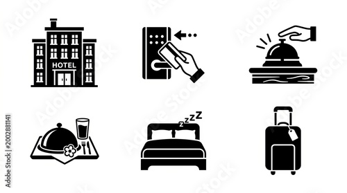 Collection of modern hotel service icons representing accommodation and amenities