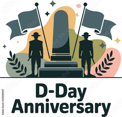 D day anniversary featuring a central stone monument flanked by two soldiers in uniform with waving flags and laurel branches on a background of soft abstract shapes and star