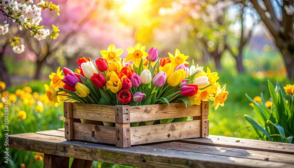Obraz premium A rustic wooden crate overflows with vibrant tulips and daffodils under golden sunlight. This serene spring scene captures natures beauty, perfect for floral designs and seasonal marketing.