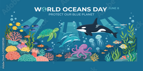 World Oceans Day banner celebrating marine biodiversity with sea turtle, orca whale, dolphins, octopus, jellyfish, and vibrant coral reef underwater vector illustration for June 8.