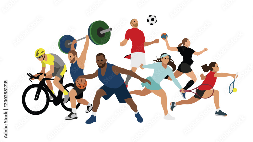 Obraz premium Group of diverse athletes participating in various summer sports and team activities together.