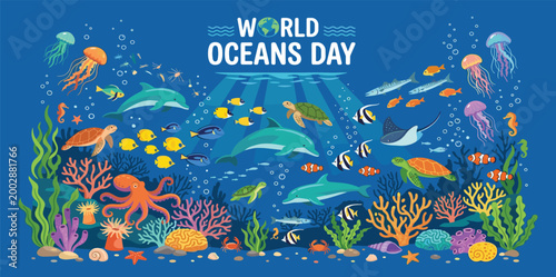 World Oceans Day banner celebrating marine biodiversity with dolphins sea turtles octopus jellyfish stingray and colorful coral reef vector illustration.