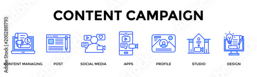 Content Campaign  Banner Web  Icon Set Collection Pack Vector Illustration Concept Containing Content Managing, Post, Social Media, Apps, Profile, Studio, Design