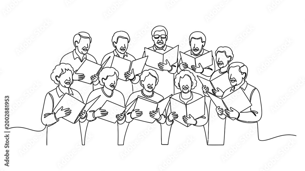 Naklejka premium Continuous one line drawing of a choir group singing together holding music sheets.