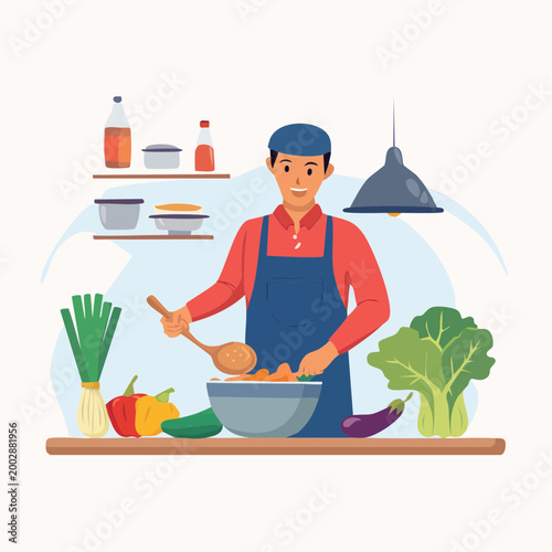 Man Cooking Healthy Food in Kitchen
