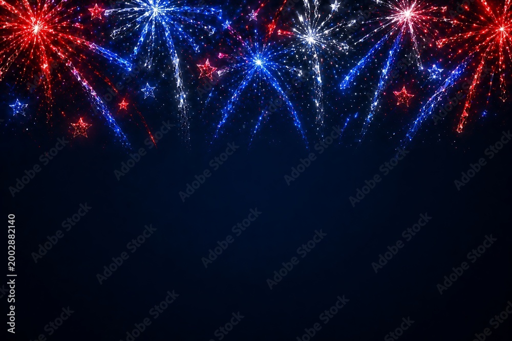 Fototapeta premium Colorful fireworks exploding in the night sky low poly independence day happy 4th of july fireworks celebration patriotic independence low poly independence day happy 4th of july