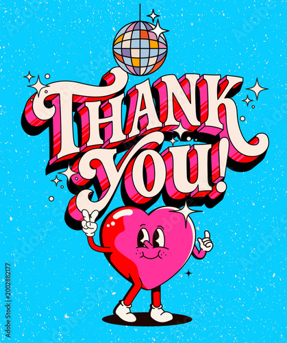 Vibrant Thank You card design featuring a cheerful heart character and disco ball, perfect for expressing gratitude in a fun and lively way for various occasions