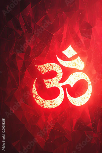 Glowing Om Symbol on Abstract Red Geometric Background, Spiritual Energy, Hindu Sacred Sign, Mystical Illumination and Modern Digital Art Design