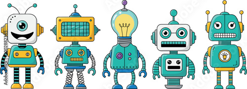 Cute robot characters collection with retro futuristic designs cartoon android mascots colorful technology vector illustration set