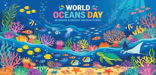 World Oceans Day banner featuring vibrant marine life with sea turtle stingray jellyfish schools of tropical fish and colorful coral reef underwater vector illustration.