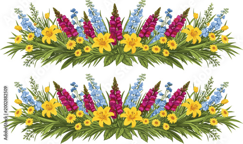 Canvastavla Vibrant wildflower floral border with lilies, daisies, snapdragons and blue blos
