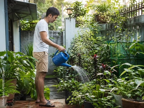 Young Asian man watering plants with a blue watering can in a lush backyard garden at home.