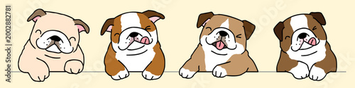 Vector Illustration of Cute Cartoon Bulldog Characters on Isolated Background. Hand Drawn Vector Illustration.