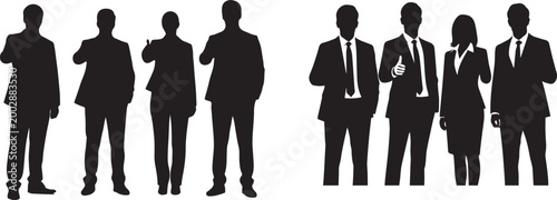 Silhouette collection of business people in formal wear, men and women, standing and gesturing with thumbs up, suitable for corporate and professional presentations
